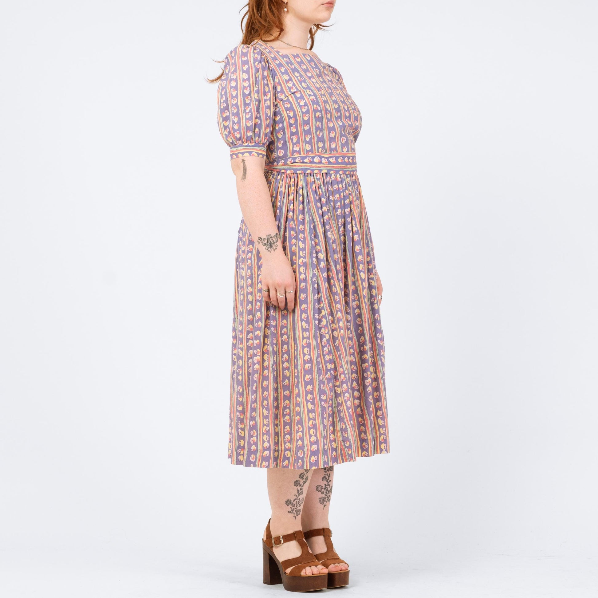 Vintage 80s Laura Ashley Purple Striped Midi Dress - Medium | Retro Puff Sleeve Abstract Print Midi Dress