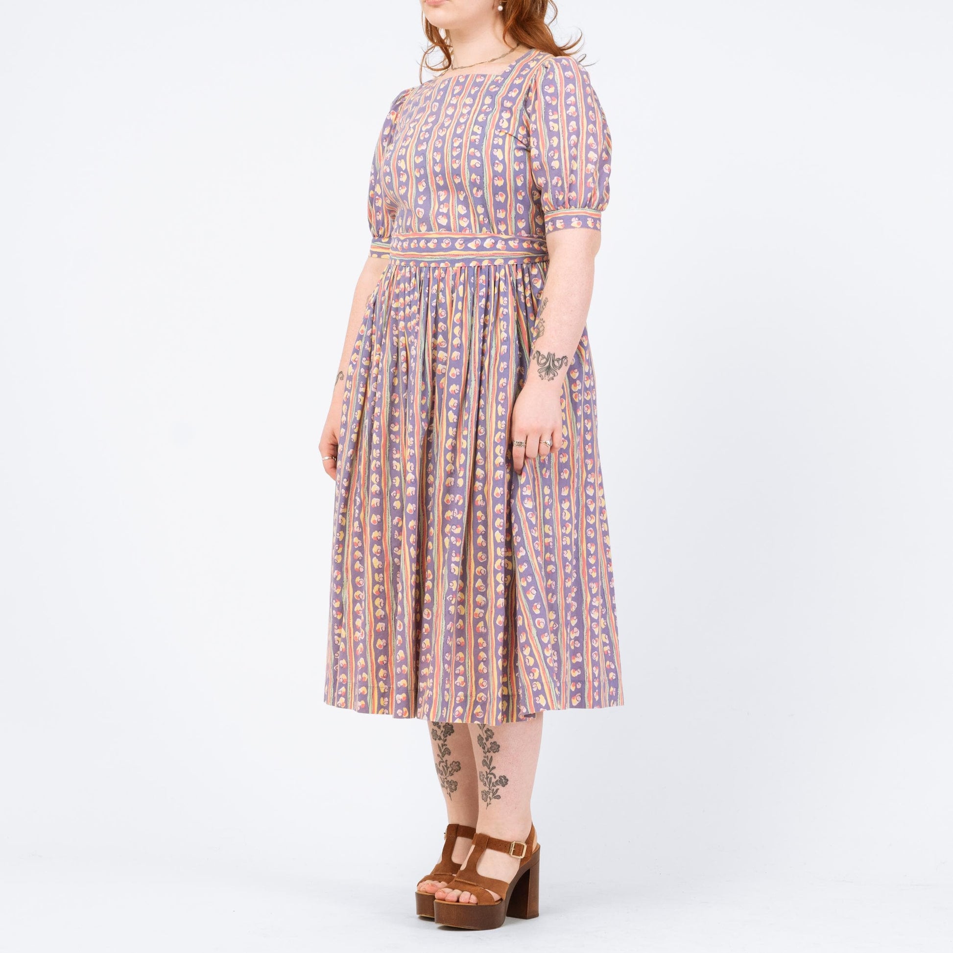 Vintage 80s Laura Ashley Purple Striped Midi Dress - Medium | Retro Puff Sleeve Abstract Print Midi Dress