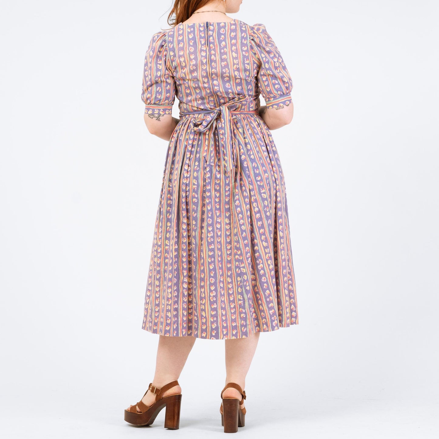 Vintage 80s Laura Ashley Purple Striped Midi Dress - Medium | Retro Puff Sleeve Abstract Print Midi Dress