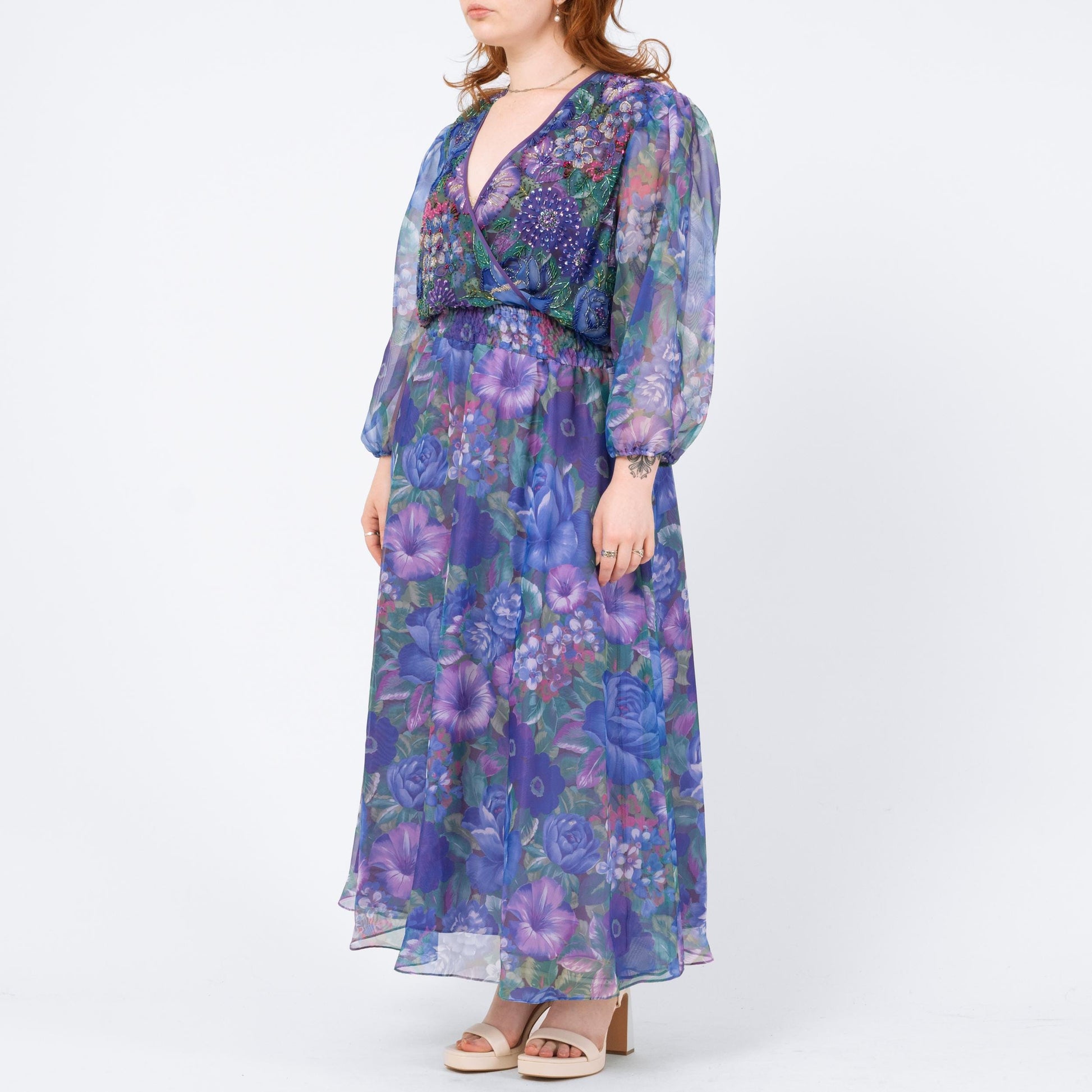 Vintage 80s Diane Freis Purple Floral Beaded Dress - Large | Georgette Crepe Long Sleeve Designer Maxi Dress
