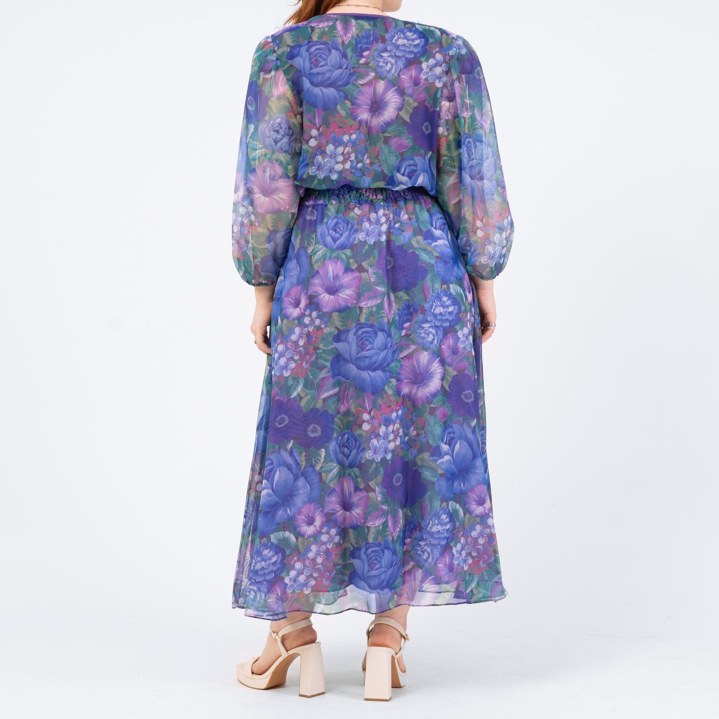 Vintage 80s Diane Freis Purple Floral Beaded Dress - Large | Georgette Crepe Long Sleeve Designer Maxi Dress