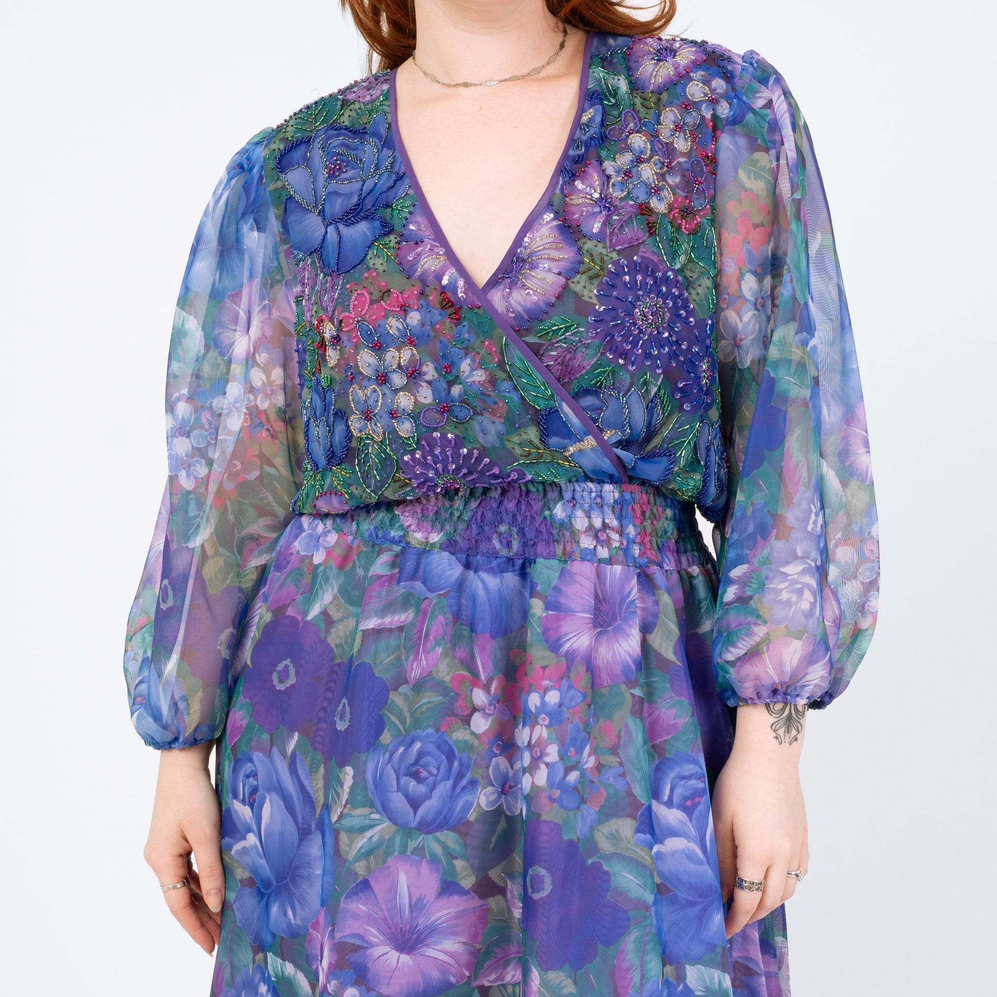 Vintage 80s Diane Freis Purple Floral Beaded Dress - Large | Georgette Crepe Long Sleeve Designer Maxi Dress