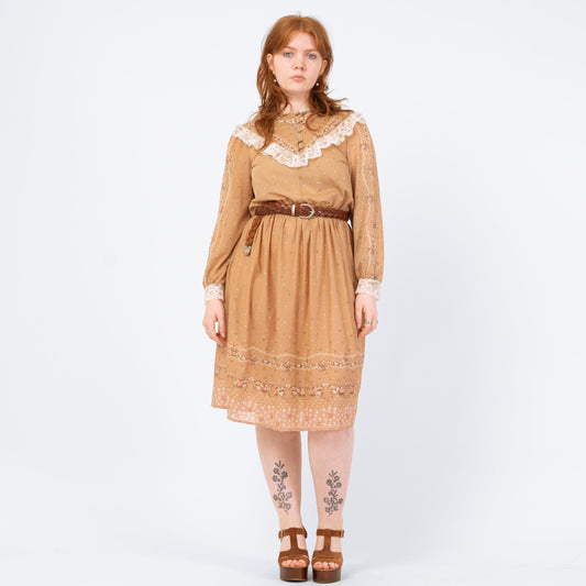 Vintage 70s Boho Wildflower Garland Midi Dress - Large | Brown Lace Trim Prairie Dress