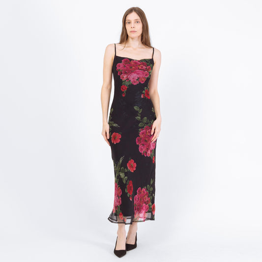 Vintage 90s Black Floral Cowl Neck Maxi Dress - Small | Bias Cut Wedding Guest Dress