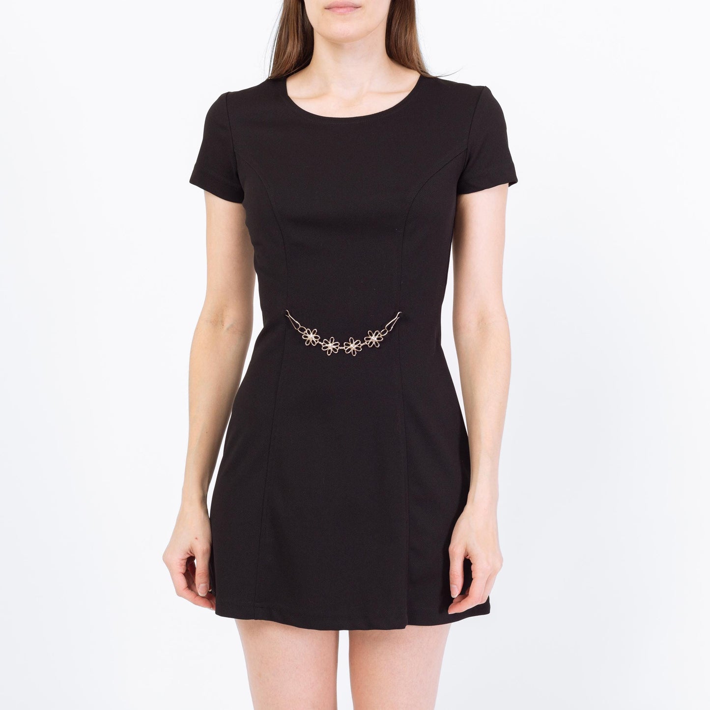 Vintage 90s Black Flower Chain Belt Mini Dress - Small | Short Sleeve A Line Grunge Dress