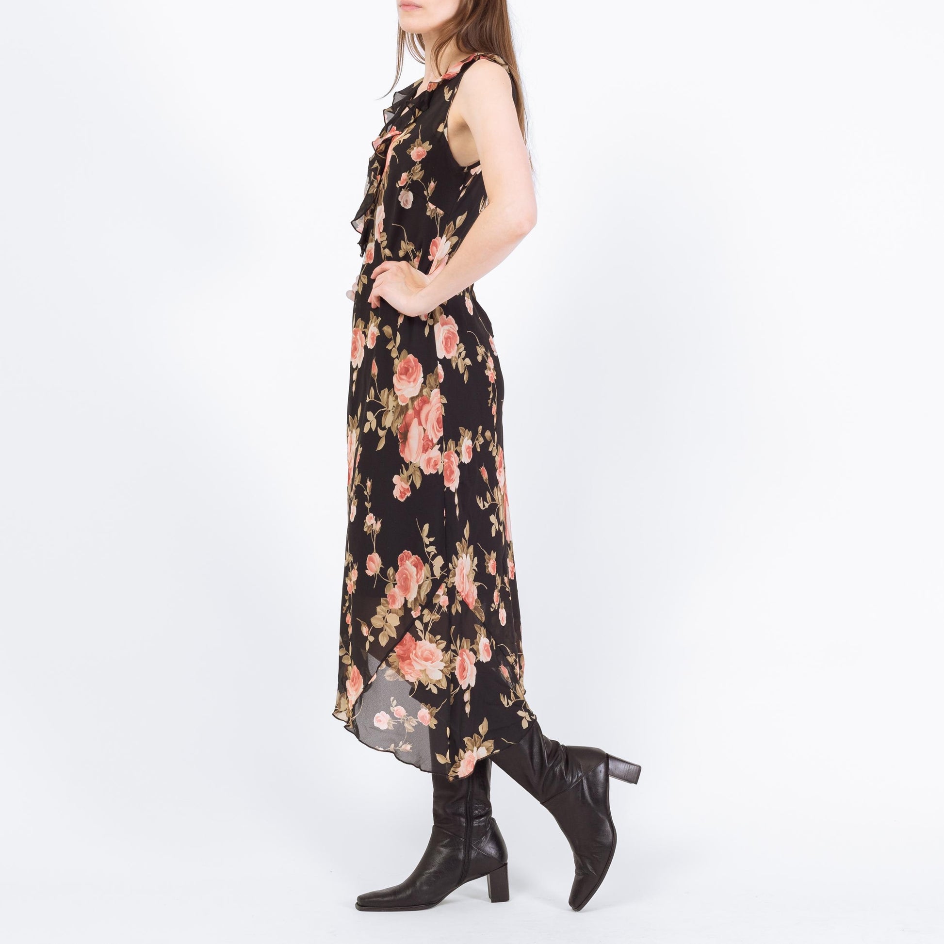Vintage 90s Sheer Black Floral Asymmetrical Midi Dress - Small | Boho High Low Hem Ruffle Sundress