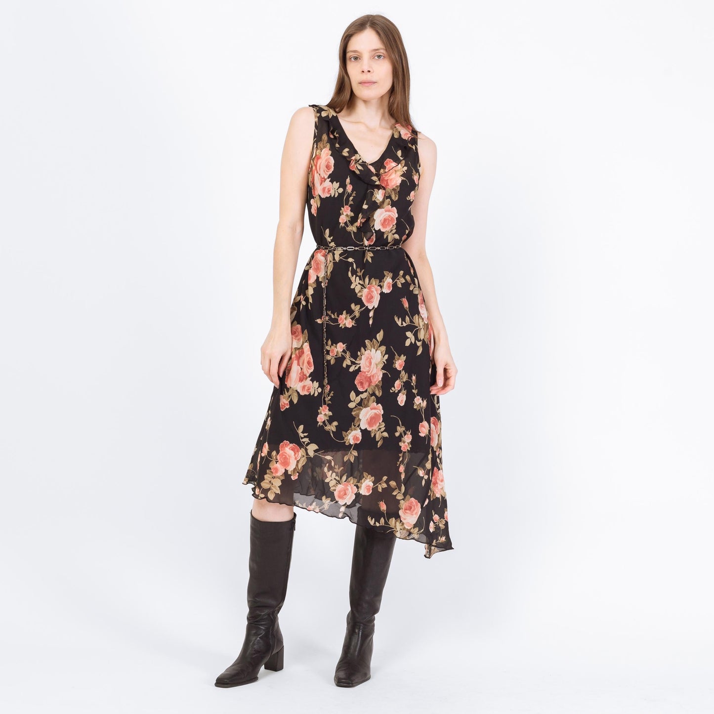 Vintage 90s Sheer Black Floral Asymmetrical Midi Dress - Small | Boho High Low Hem Ruffle Sundress