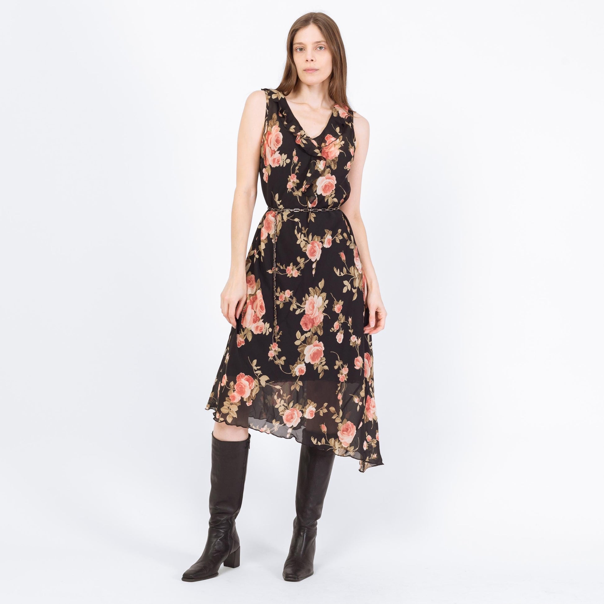 Vintage 90s Sheer Black Floral Asymmetrical Midi Dress - Small | Boho High Low Hem Ruffle Sundress
