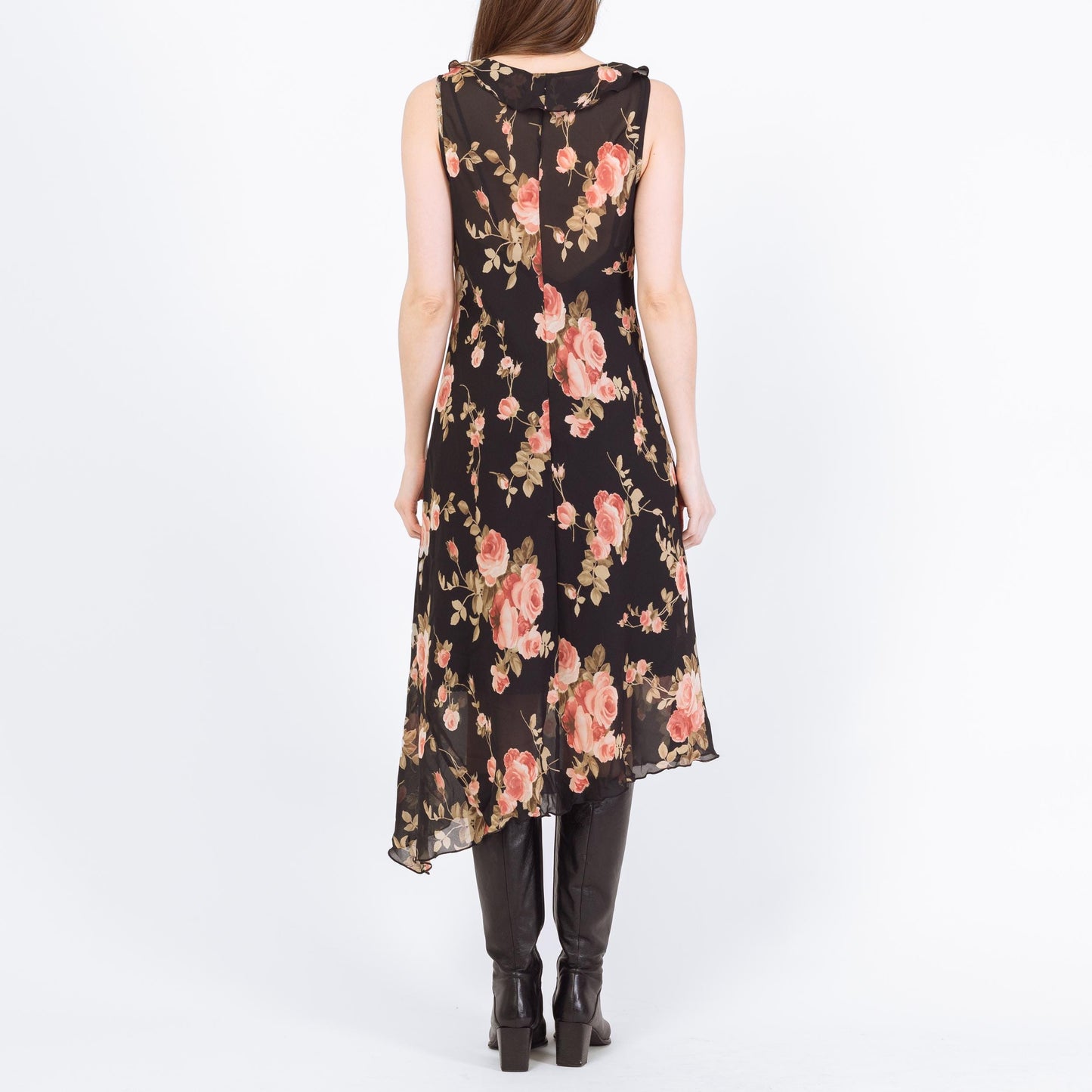 Vintage 90s Sheer Black Floral Asymmetrical Midi Dress - Small | Boho High Low Hem Ruffle Sundress