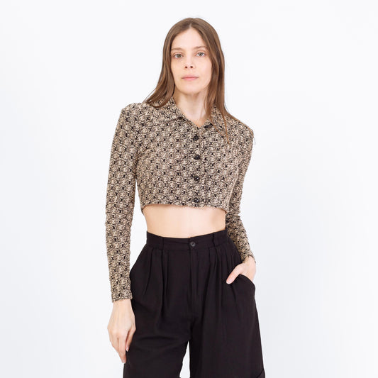 Vintage 90s Two-Tone Boucle Knit Crop Top - XS to Small | Black Taupe Cropped Button Up Long Sleeve Shirt
