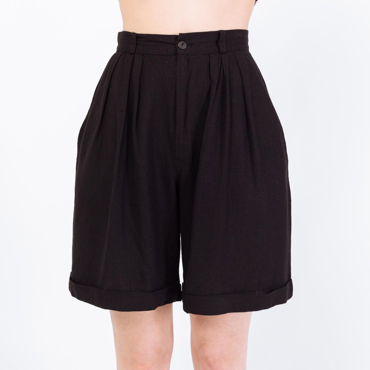 Vintage 90s Black Linen Blend Trouser Shorts - XS to Small, 26" Waist | High Waisted Pleated Wide Leg Shorts