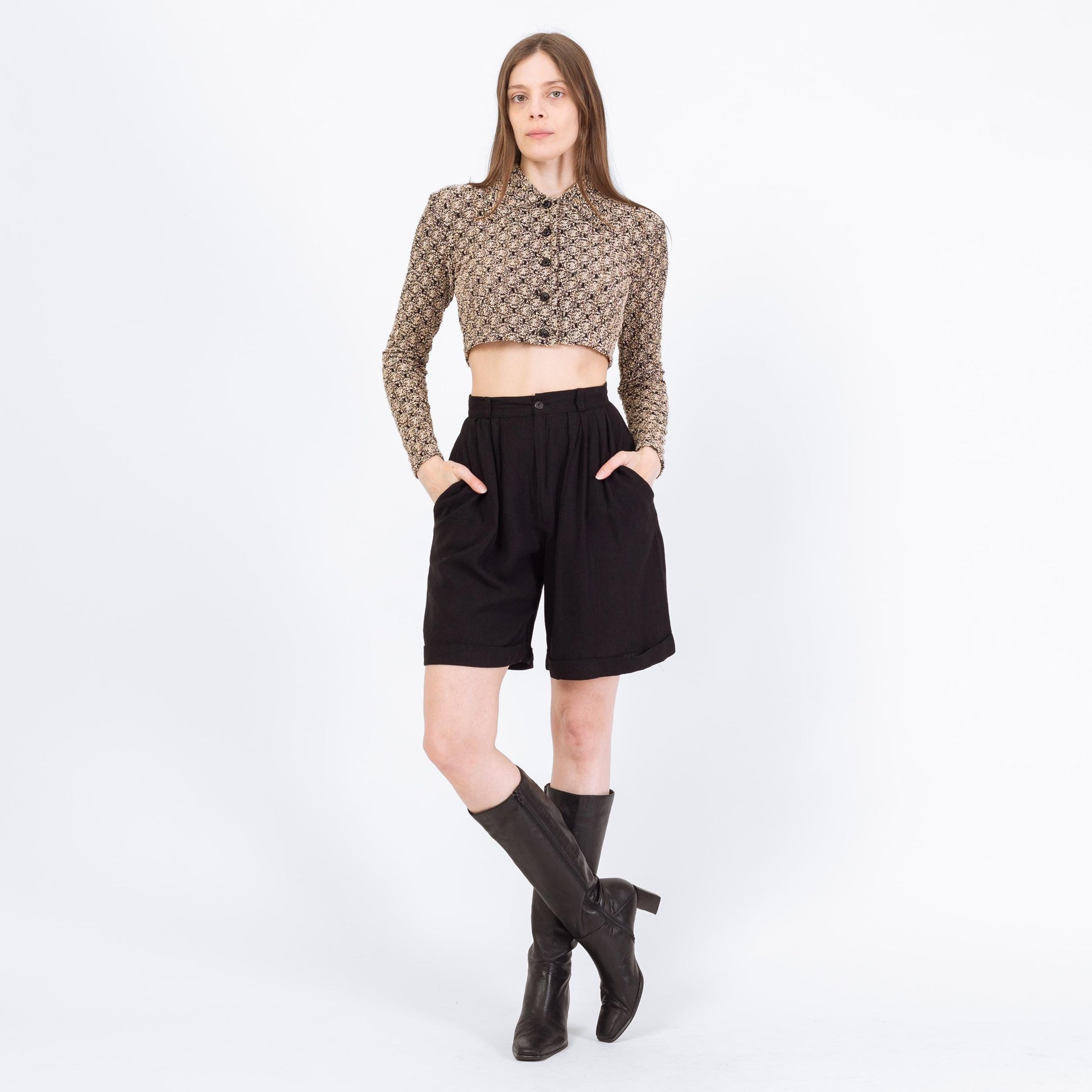 Vintage 90s Black Linen Blend Trouser Shorts - XS to Small, 26" Waist | High Waisted Pleated Wide Leg Shorts