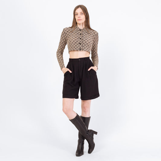 Vintage 90s Black Linen Blend Trouser Shorts - XS to Small, 26" Waist | High Waisted Pleated Wide Leg Shorts