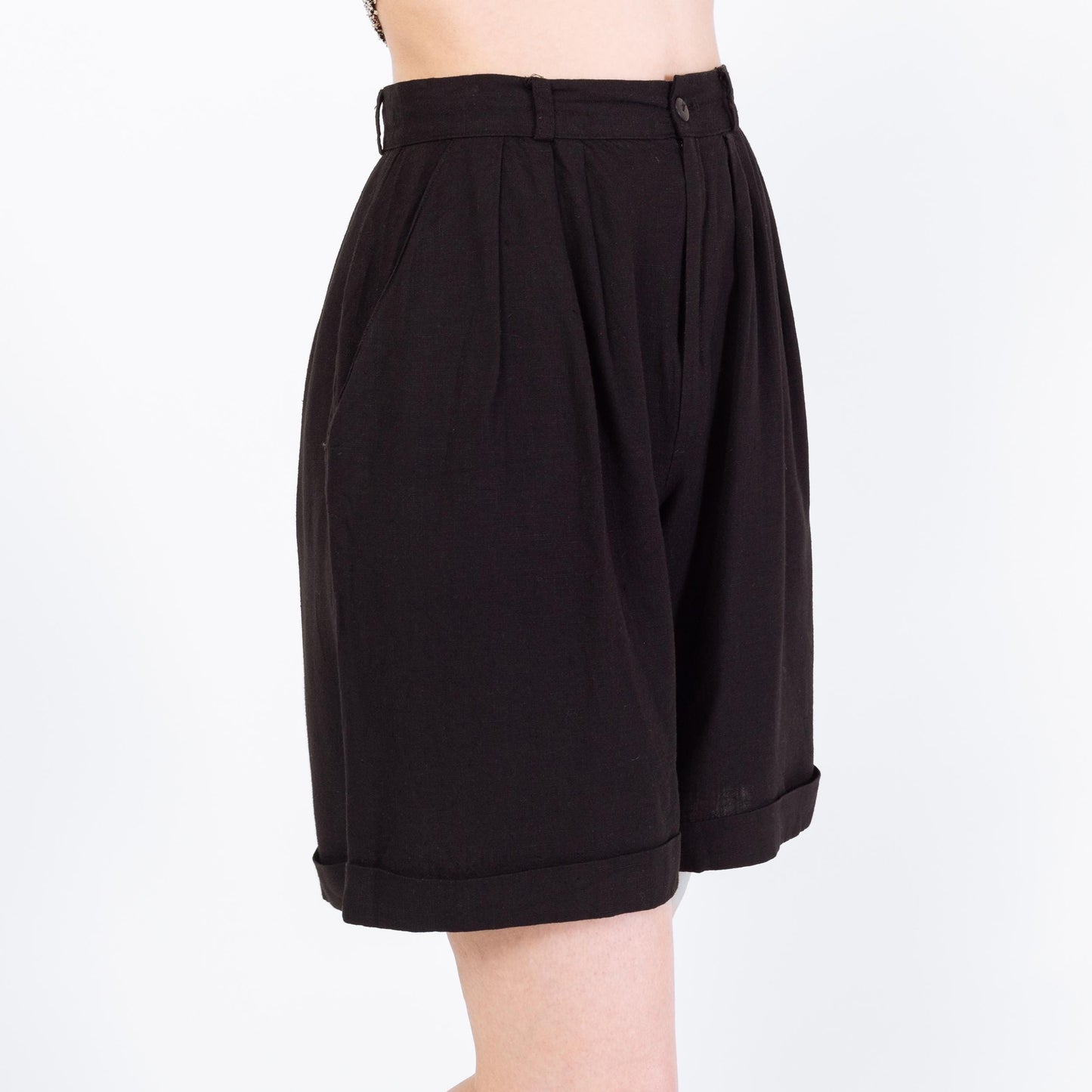 Vintage 90s Black Linen Blend Trouser Shorts - XS to Small, 26" Waist | High Waisted Pleated Wide Leg Shorts