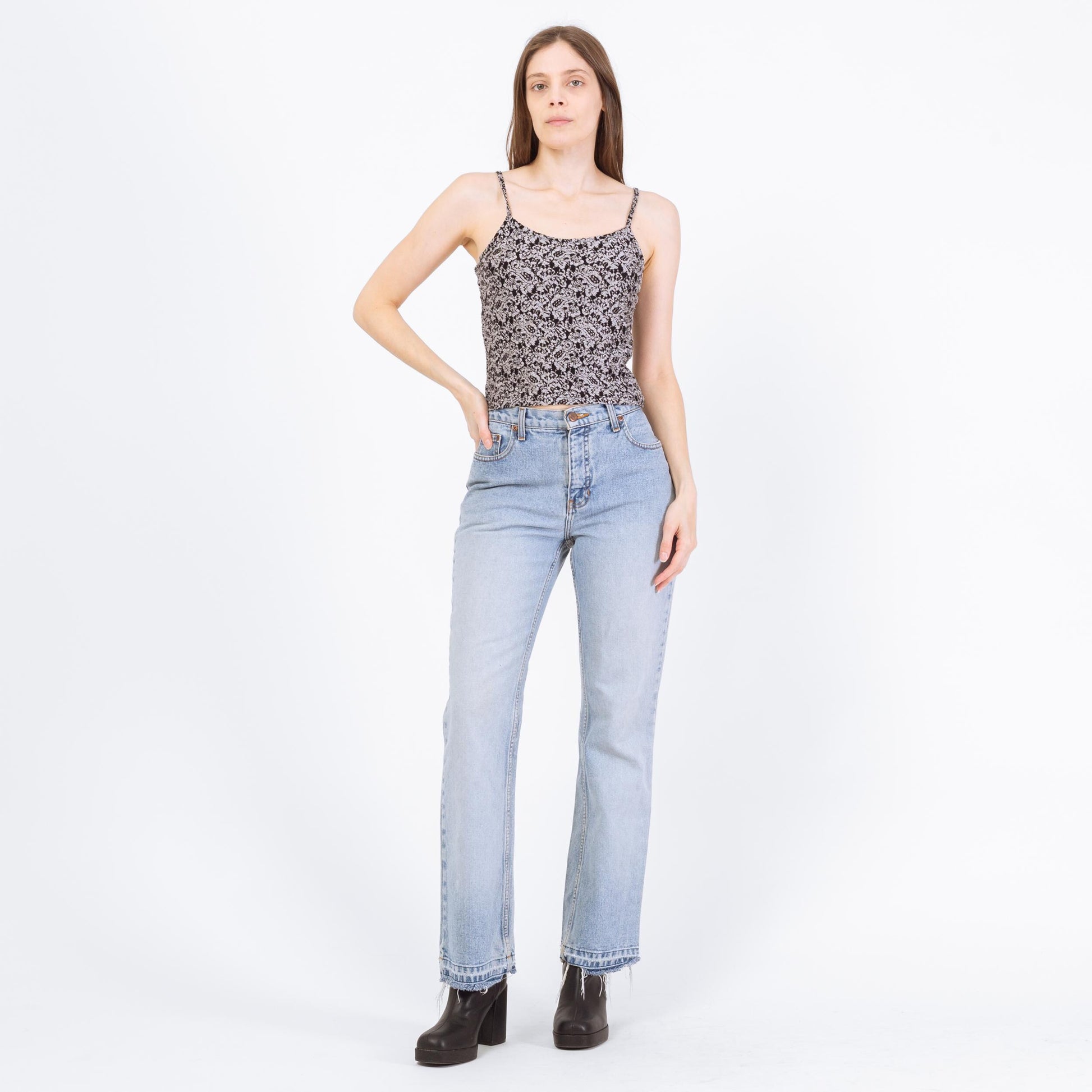 Vintage Y2K Light Wash Raw Hem Bootcut Jeans – Small | Faded Denim 2000s Low Mid Rise Jeans