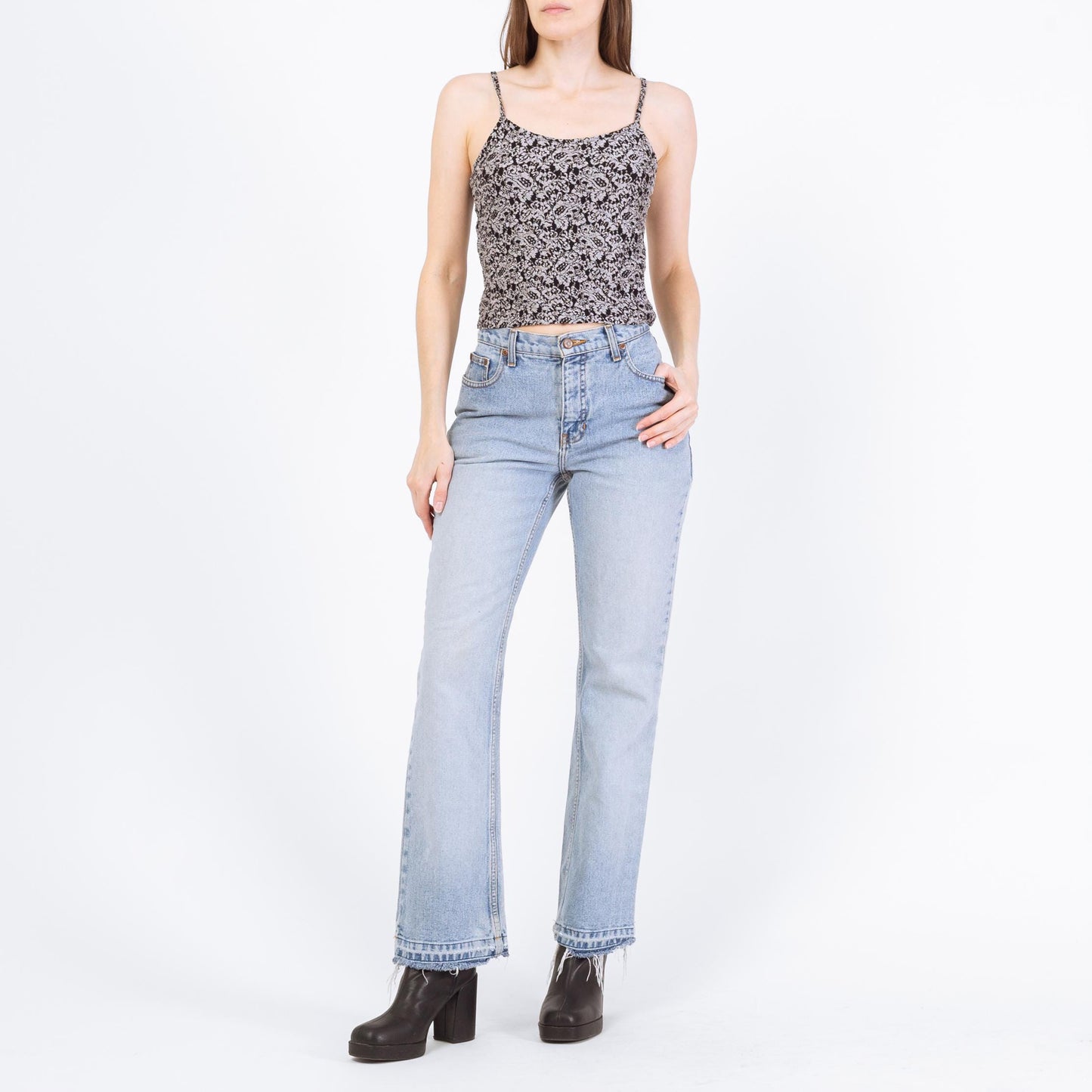 Vintage Y2K Light Wash Raw Hem Bootcut Jeans – Small | Faded Denim 2000s Low Mid Rise Jeans