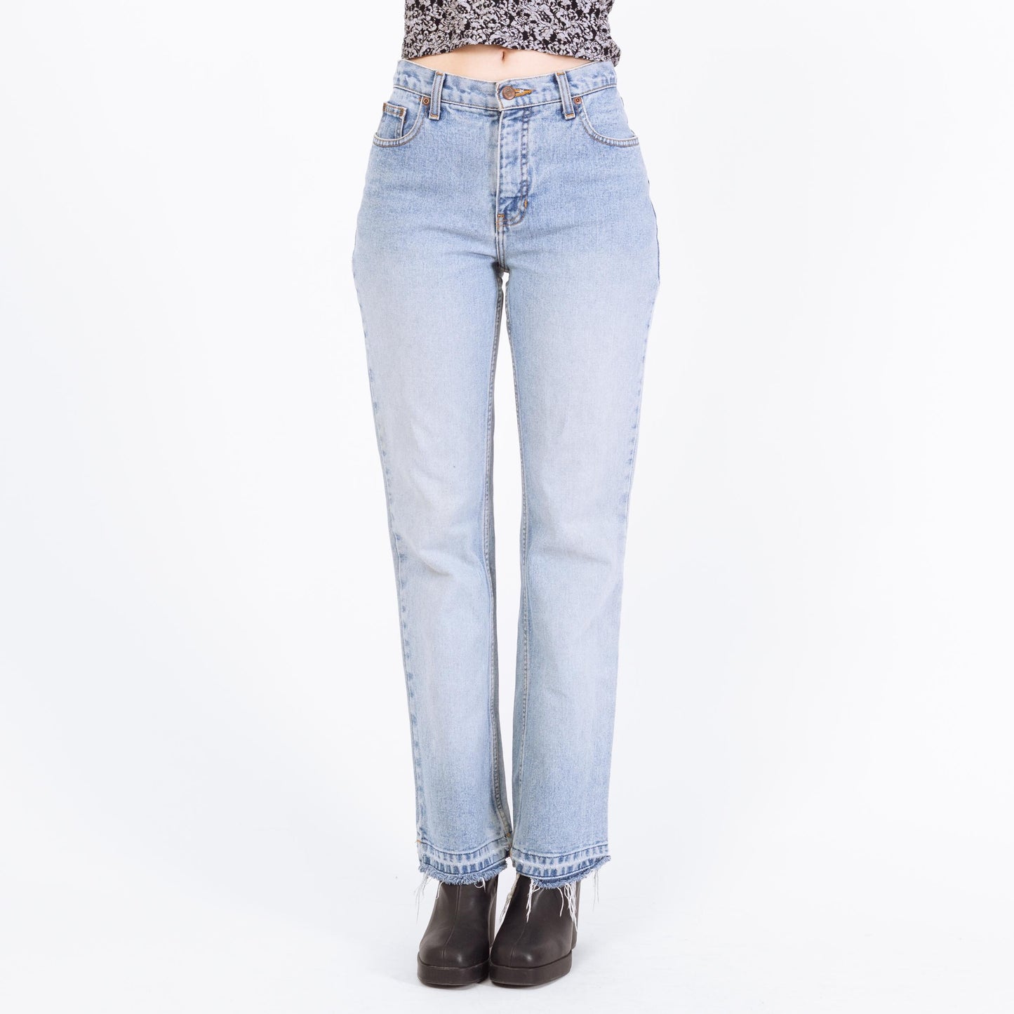 Vintage Y2K Light Wash Raw Hem Bootcut Jeans – Small | Faded Denim 2000s Low Mid Rise Jeans