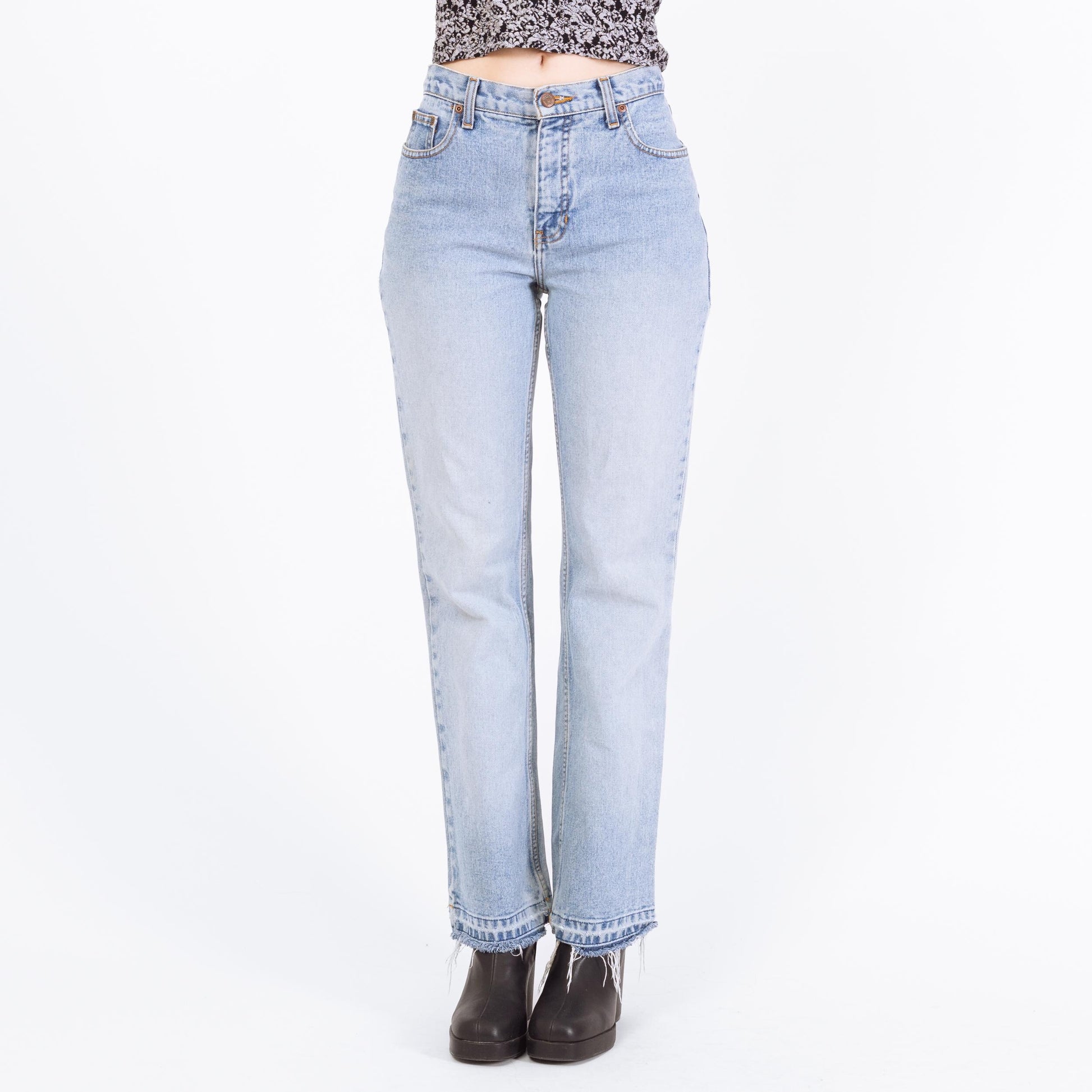 Vintage Y2K Light Wash Raw Hem Bootcut Jeans – Small | Faded Denim 2000s Low Mid Rise Jeans