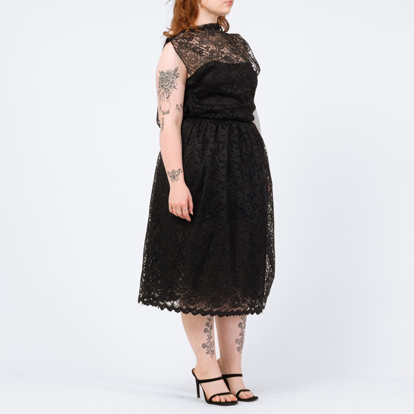 Vintage 70s 80s Black Lace Fit & Flare Party Dress - Medium | Keyhole Back Sheer Overlay Midi Dress