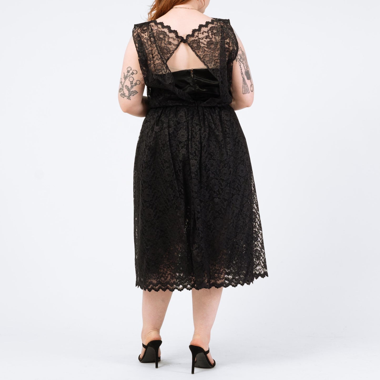 Vintage 70s 80s Black Lace Fit & Flare Party Dress - Medium | Keyhole Back Sheer Overlay Midi Dress