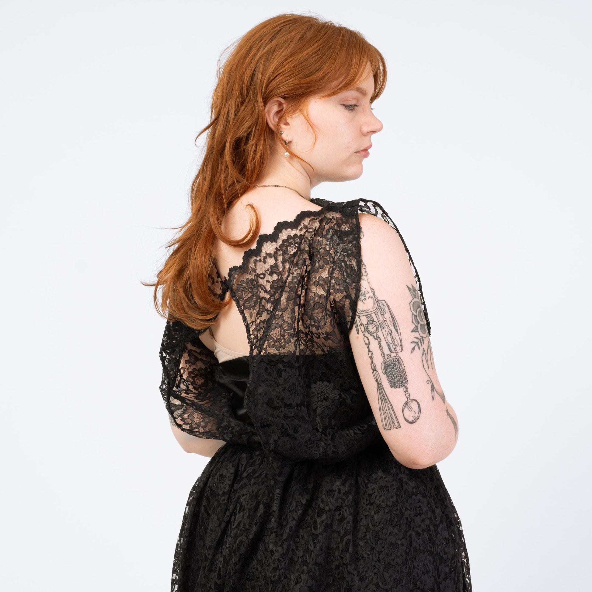 Vintage 70s 80s Black Lace Fit & Flare Party Dress - Medium | Keyhole Back Sheer Overlay Midi Dress