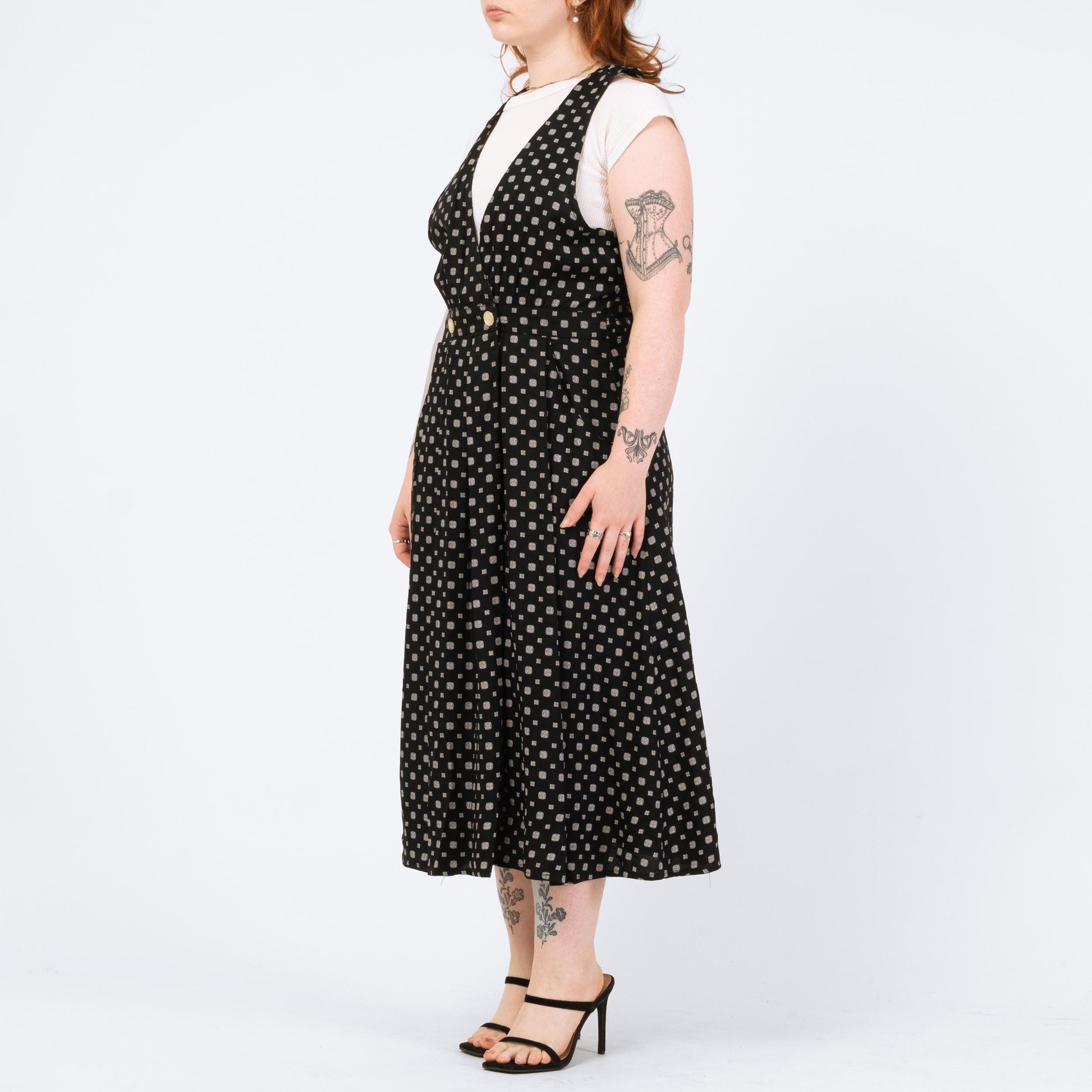 Vintage 80s Black & White Deep V Pinafore Dress - Large | Grunge Sleeveless Midi Dress
