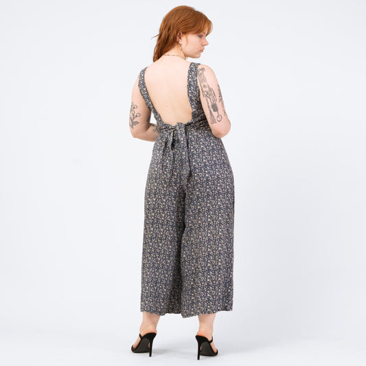Vintage 90s Blue Floral Low Back Jumpsuit - Medium | Boho Grunge Sleeveless Rayon Romper Outfit