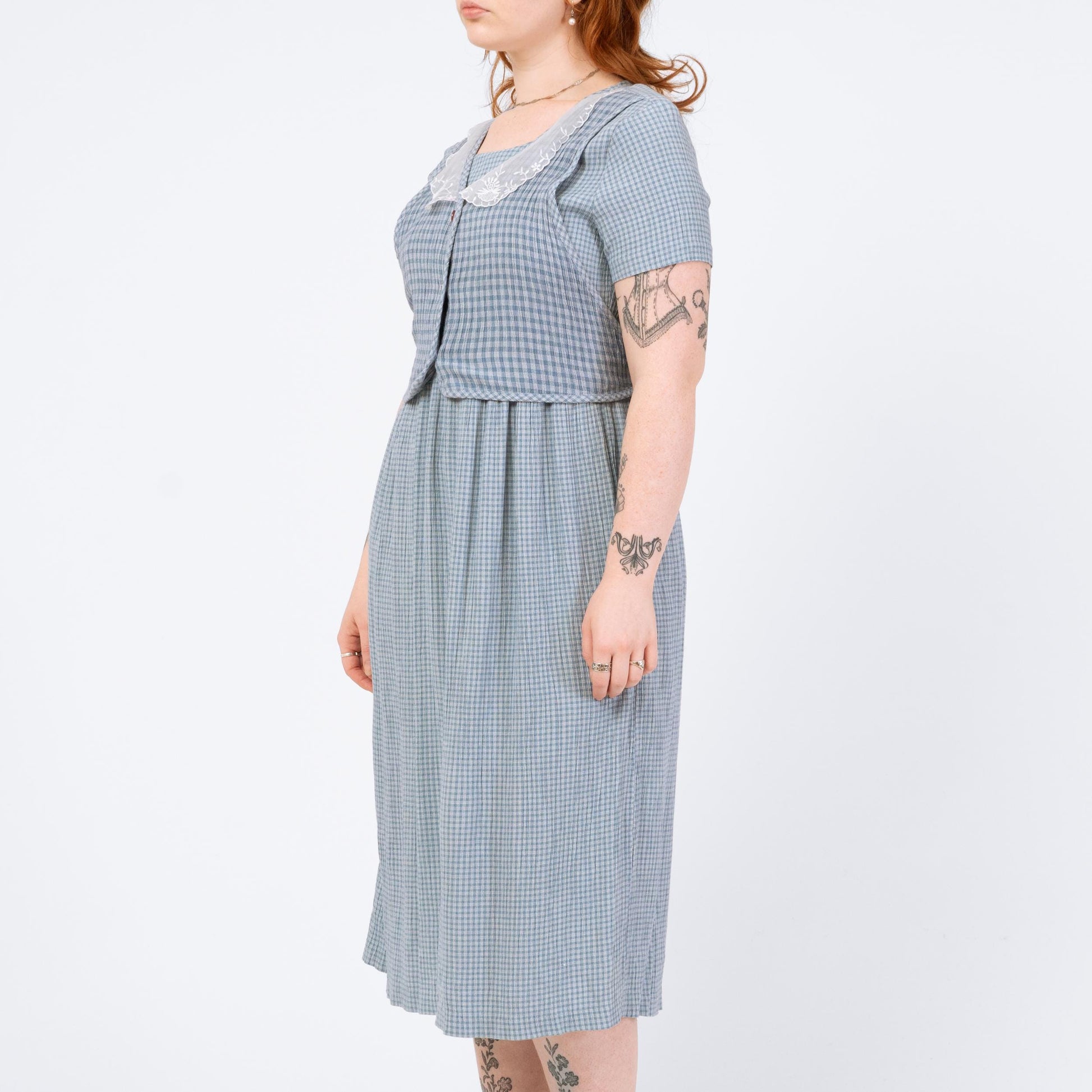 Vintage 90s Blue Gingham Vest Midi Dress - Medium | Short Sleeve Cottagecore Dress