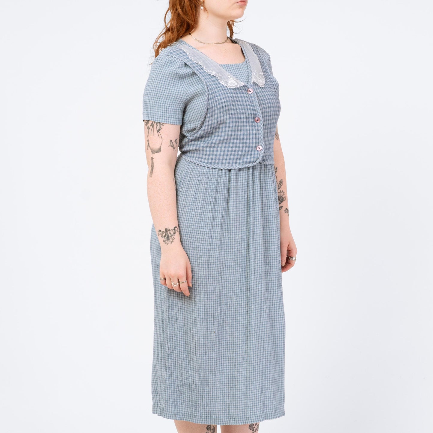 Vintage 90s Blue Gingham Vest Midi Dress - Medium | Short Sleeve Cottagecore Dress