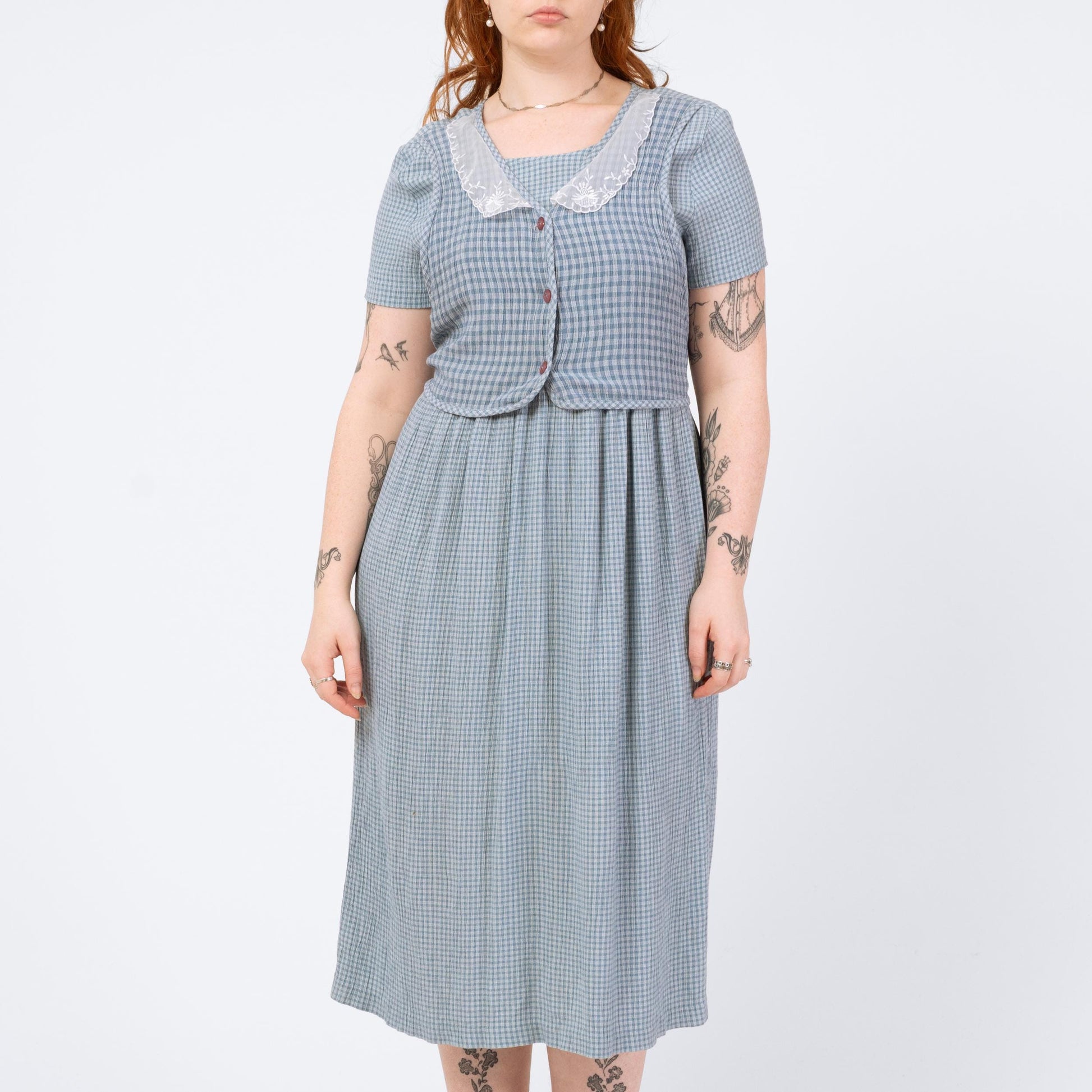 Vintage 90s Blue Gingham Vest Midi Dress - Medium | Short Sleeve Cottagecore Dress
