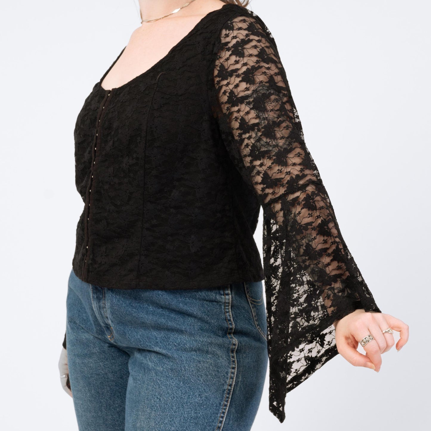 Vintage Y2K Black Lace Angel Sleeve Butterfly Top - Extra Large | Boho Whimsigoth Corset Blouse