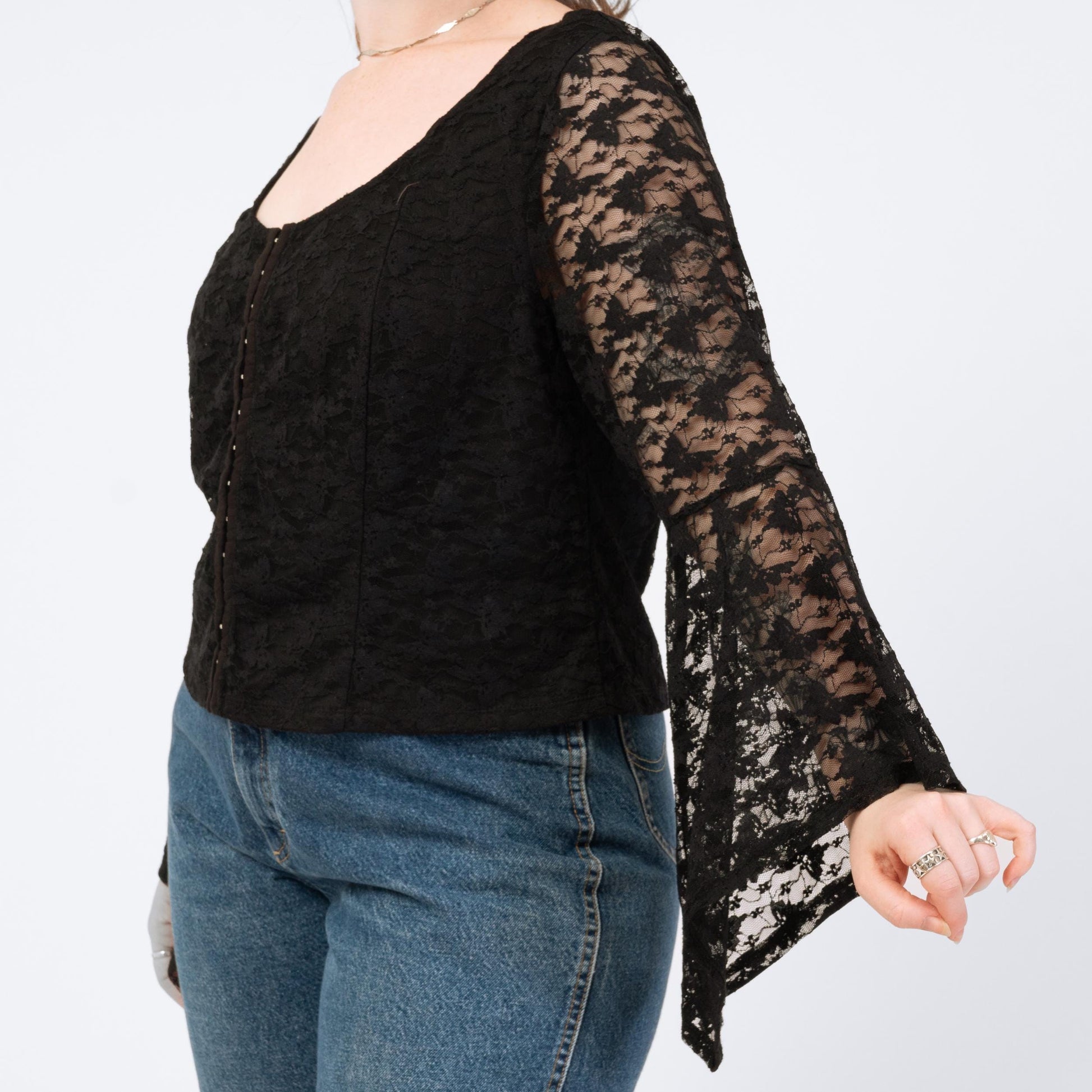 Vintage Y2K Black Lace Angel Sleeve Butterfly Top - Extra Large | Boho Whimsigoth Corset Blouse