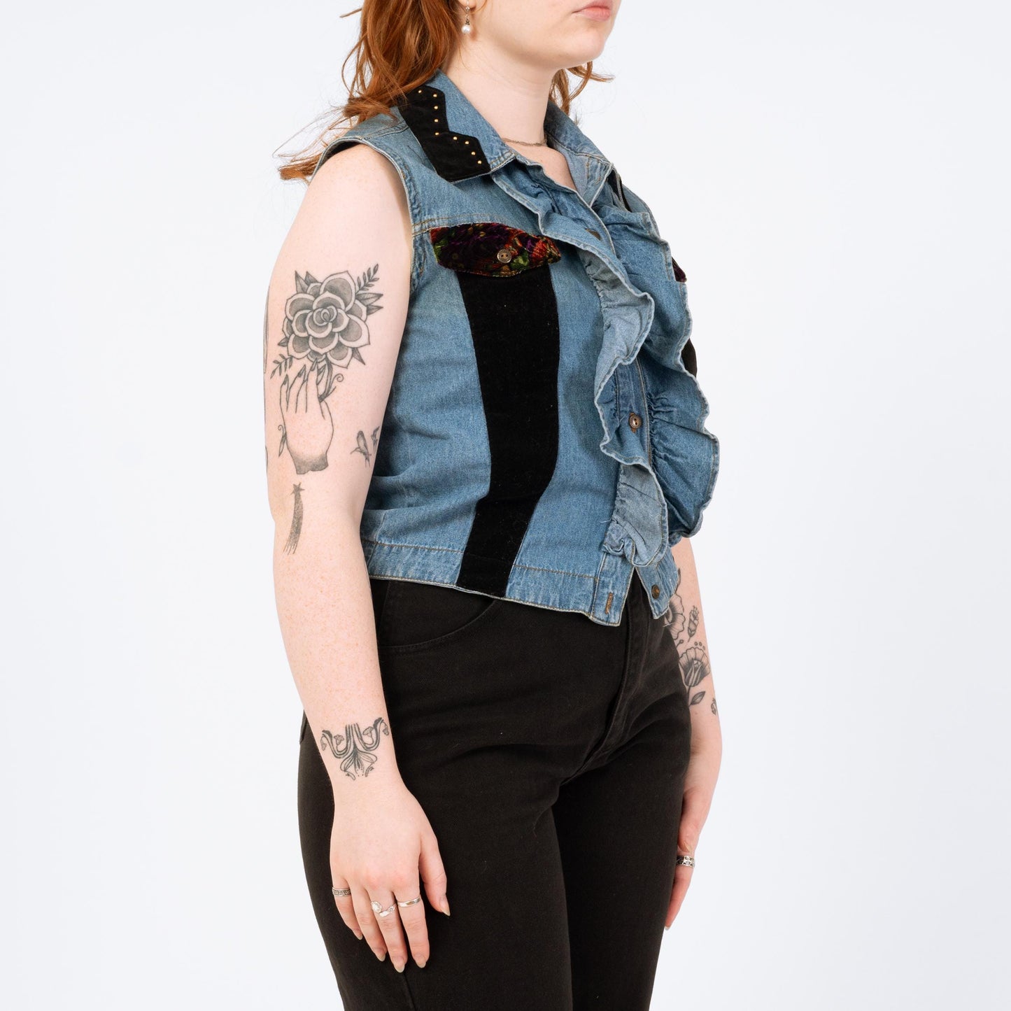 Vintage 90s Denim Velvet Trim Vest - Medium | Grunge Embellished Sleeveless Crop Top