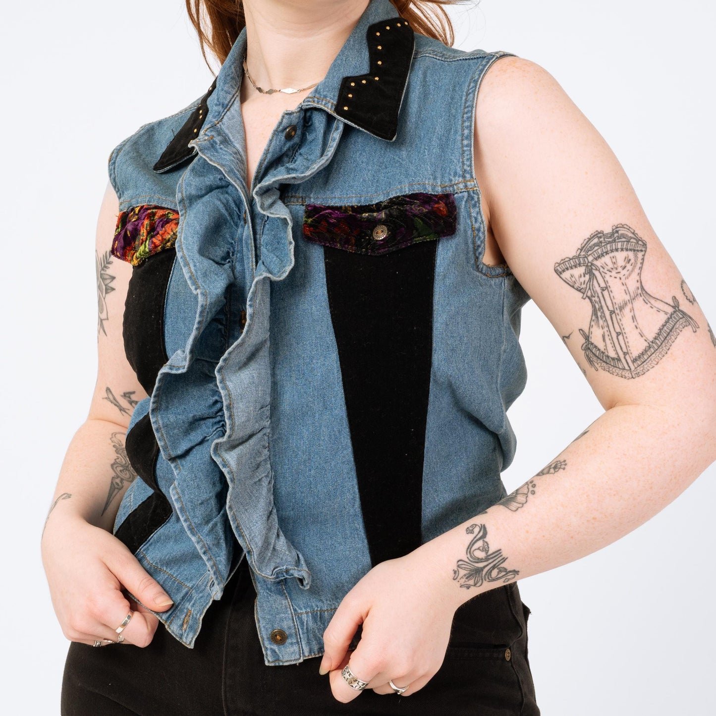 Vintage 90s Denim Velvet Trim Vest - Medium | Grunge Embellished Sleeveless Crop Top