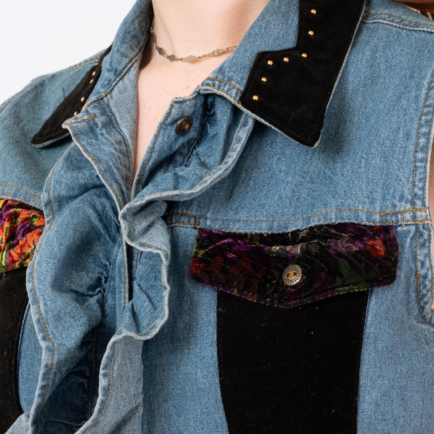 Vintage 90s Denim Velvet Trim Vest - Medium | Grunge Embellished Sleeveless Crop Top