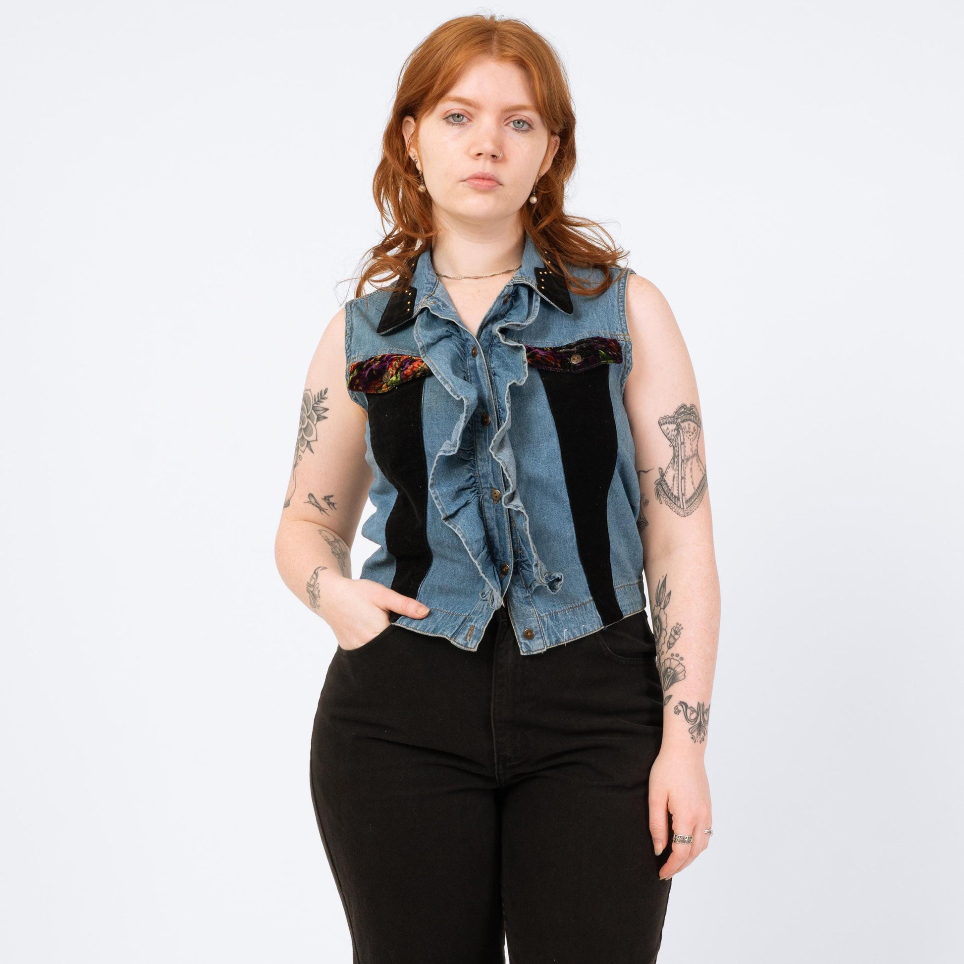 Vintage 90s Denim Velvet Trim Vest - Medium | Grunge Embellished Sleeveless Crop Top