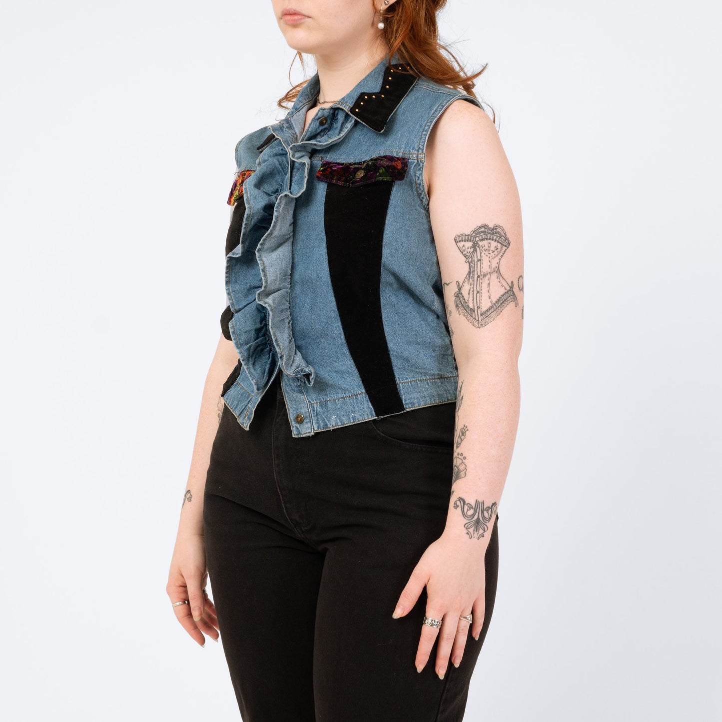 Vintage 90s Denim Velvet Trim Vest - Medium | Grunge Embellished Sleeveless Crop Top