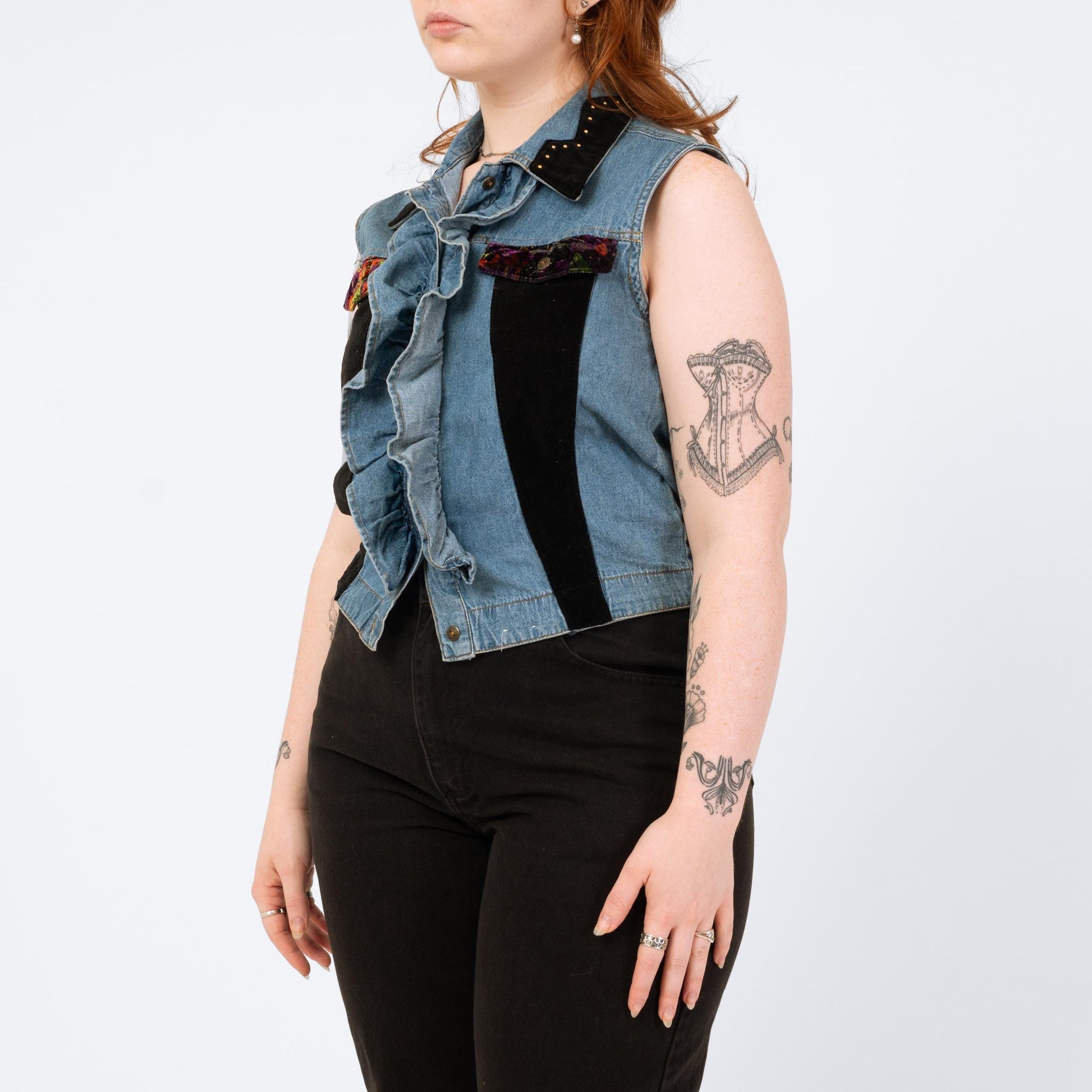Vintage 90s Denim Velvet Trim Vest - Medium | Grunge Embellished Sleeveless Crop Top