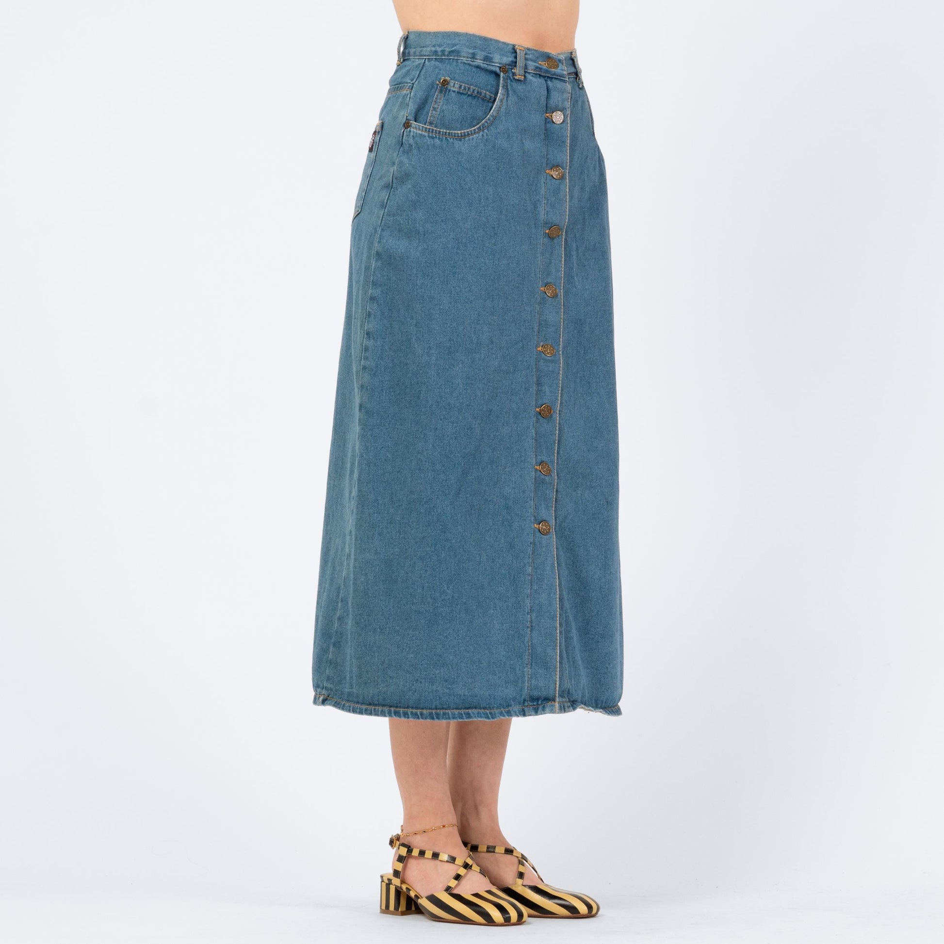 Vintage 80s Denim Button Front Midi Skirt - Small, 27" Waist | High Waisted Blue Jean Long Skirt