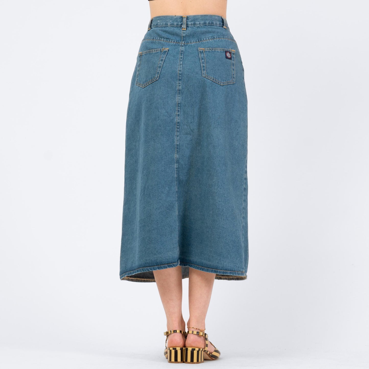Vintage 80s Denim Button Front Midi Skirt - Small, 27" Waist | High Waisted Blue Jean Long Skirt