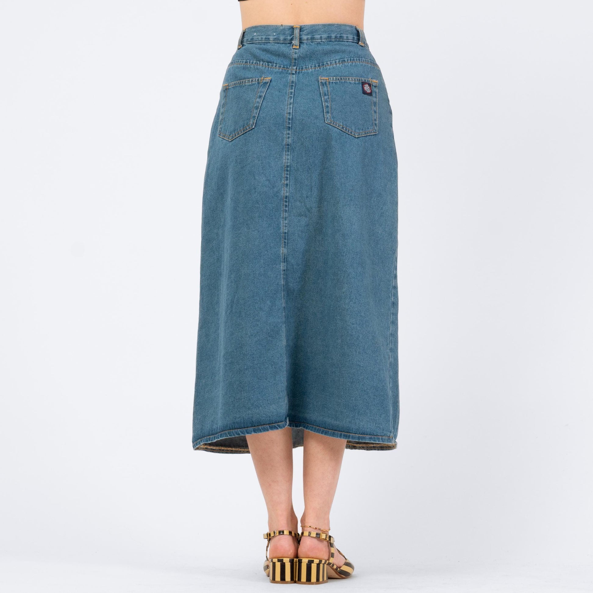Vintage 80s Denim Button Front Midi Skirt - Small, 27" Waist | High Waisted Blue Jean Long Skirt