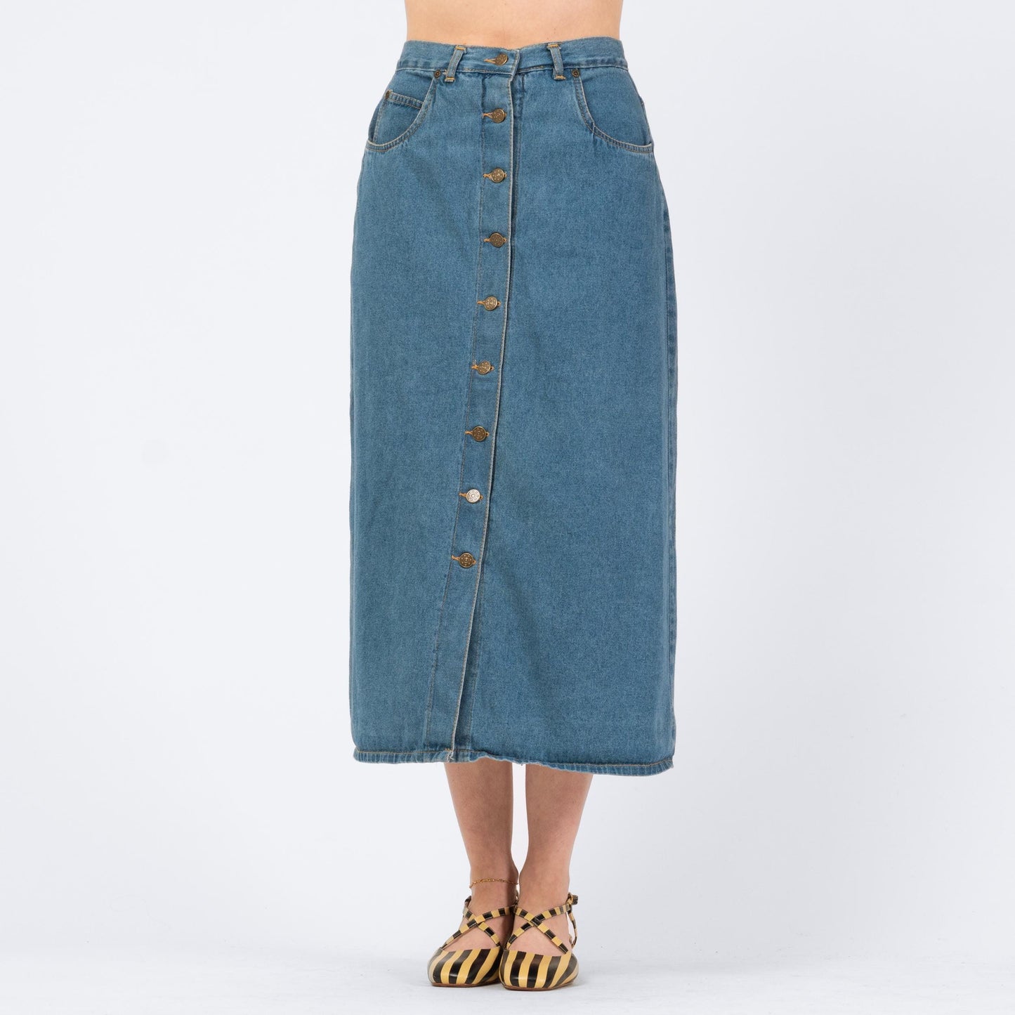 Vintage 80s Denim Button Front Midi Skirt - Small, 27" Waist | High Waisted Blue Jean Long Skirt
