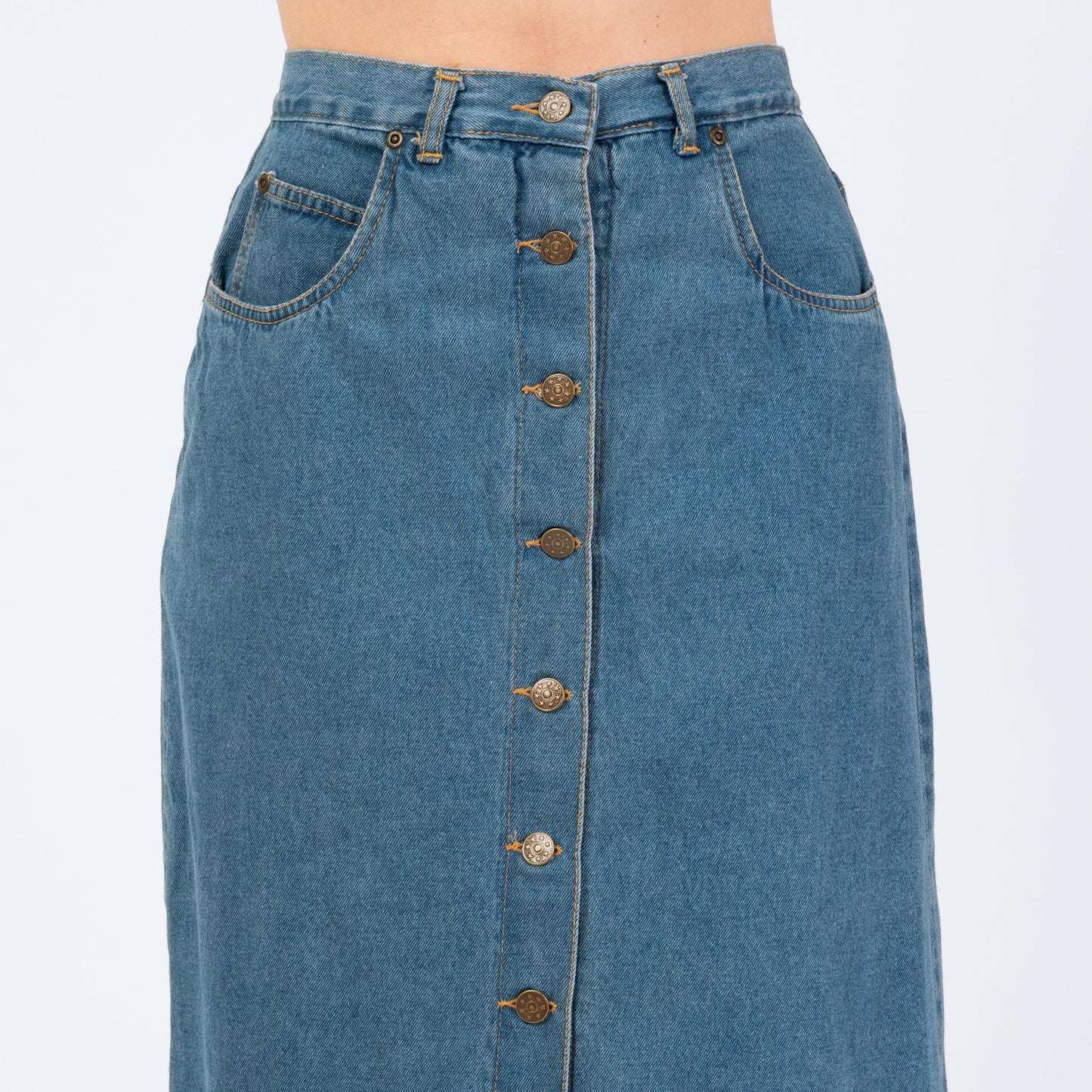 Vintage 80s Denim Button Front Midi Skirt - Small, 27" Waist | High Waisted Blue Jean Long Skirt