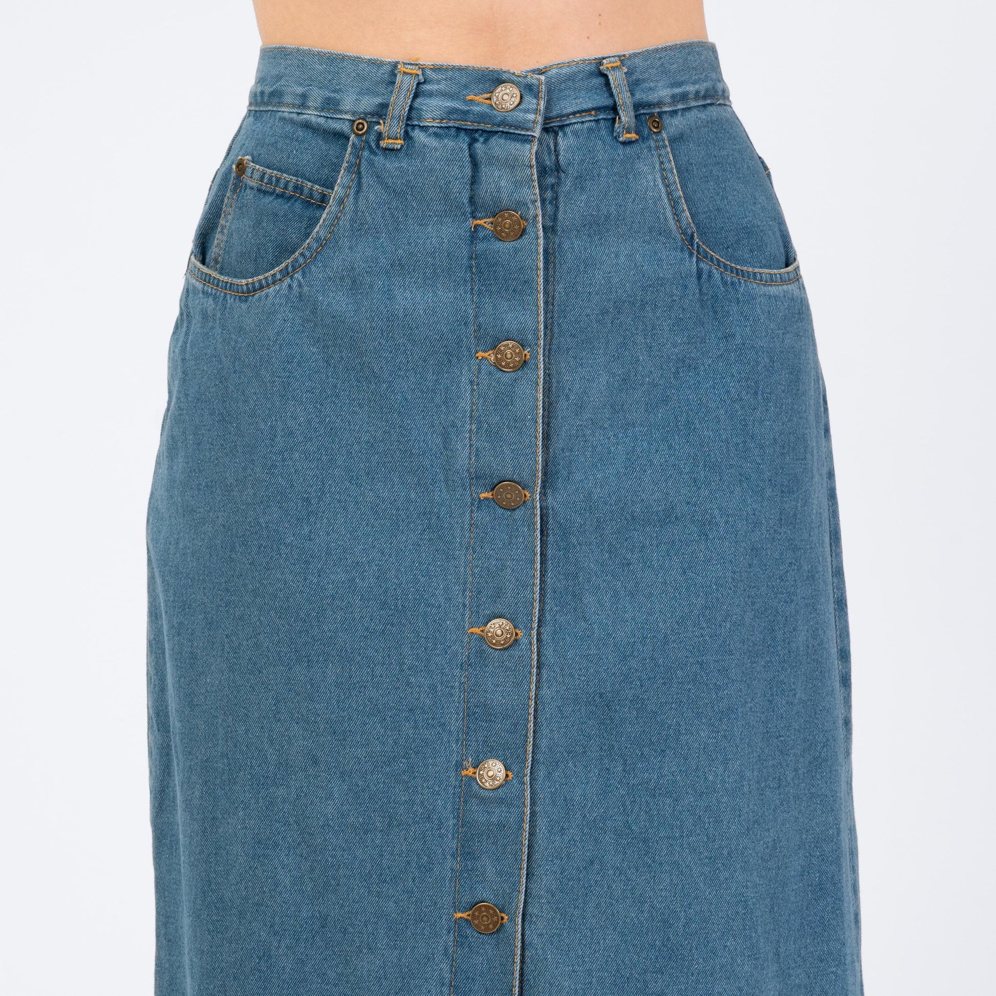 Vintage 80s Denim Button Front Midi Skirt - Small, 27" Waist | High Waisted Blue Jean Long Skirt