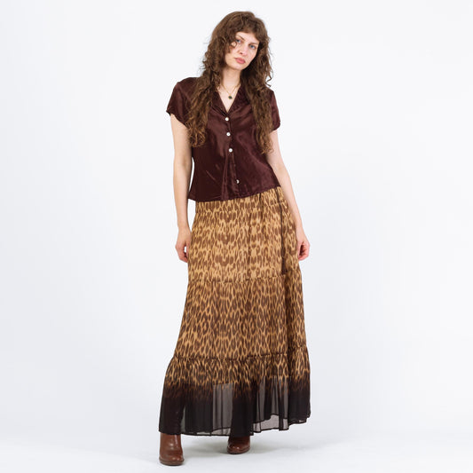 Vintage Y2K Cache Silk Leopard Print Maxi Skirt - Large | Boho Tiered Broomstick Skirt
