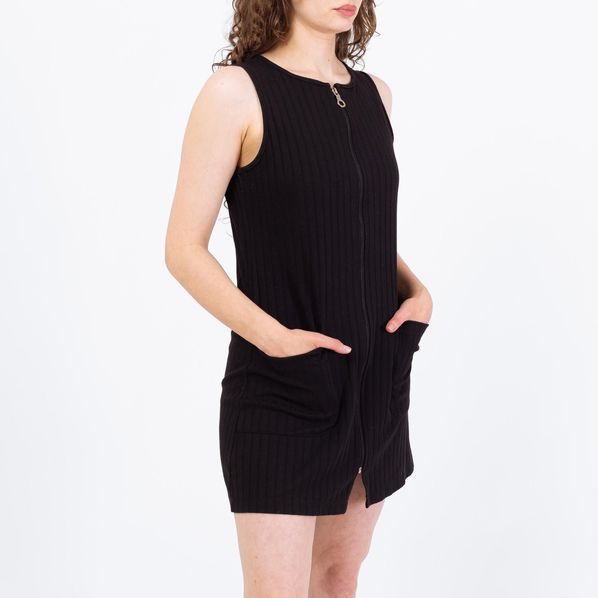 Vintage 90s Black Ribbed Zip Front Tank Dress - Medium | Grunge Sleeveless Mini Dress