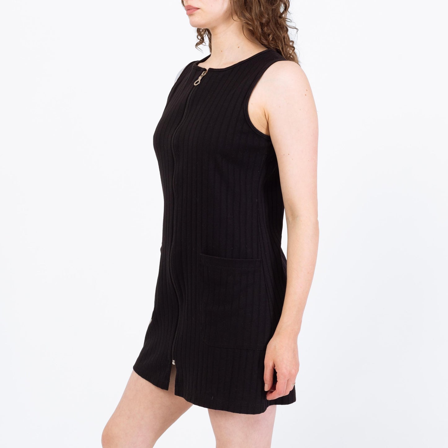 Vintage 90s Black Ribbed Zip Front Tank Dress - Medium | Grunge Sleeveless Mini Dress