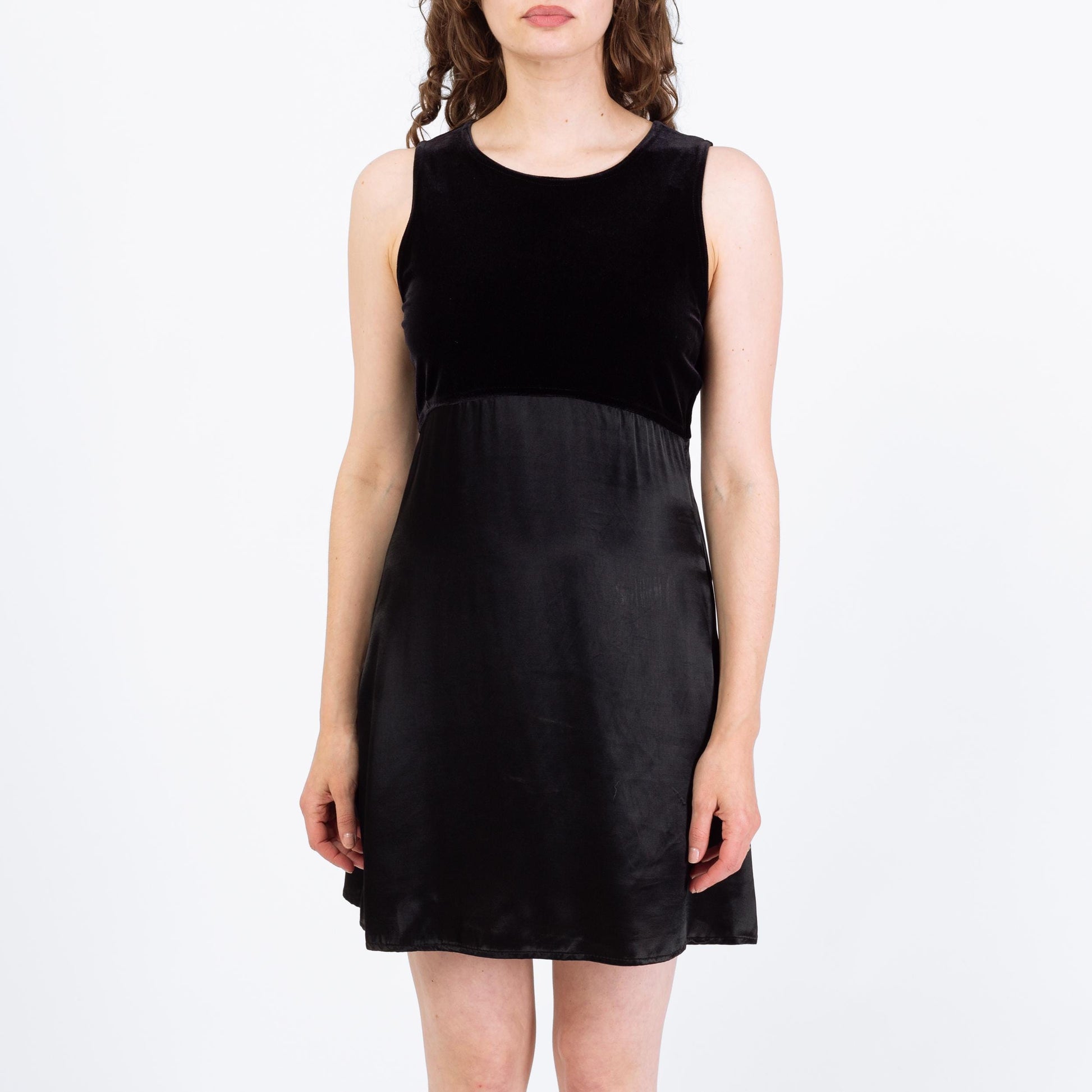 Vintage 90s Black Velvet & Satin Mini Dress - Medium | Sleeveless Grunge Party Dress