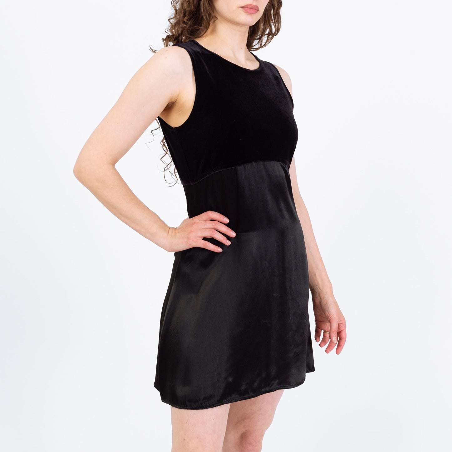 Vintage 90s Black Velvet & Satin Mini Dress - Medium | Sleeveless Grunge Party Dress