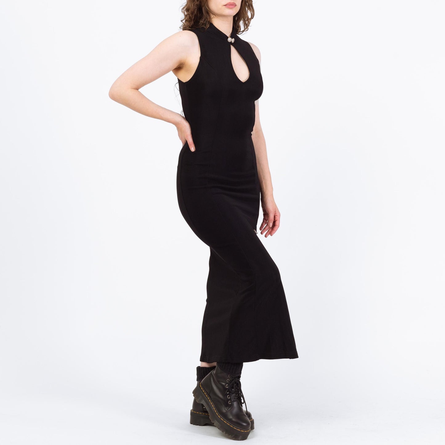 Vintage 90s Punk Black Safety Pin Maxi Dress - Small | Liz Hurley Red Carpet Versace Inspired Gown